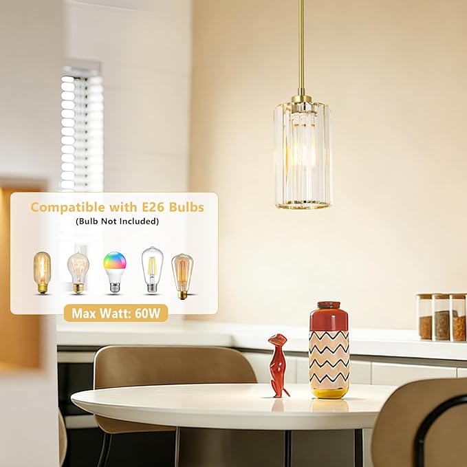 Crystal Pendant Lights, Modern Gold Pendant Lighting with Clear Glass Shade, Small Brass Chandelier Light Fixtures Ceiling Hanging for Dining Room Kitchen Island Bedroom Foyer Hallway