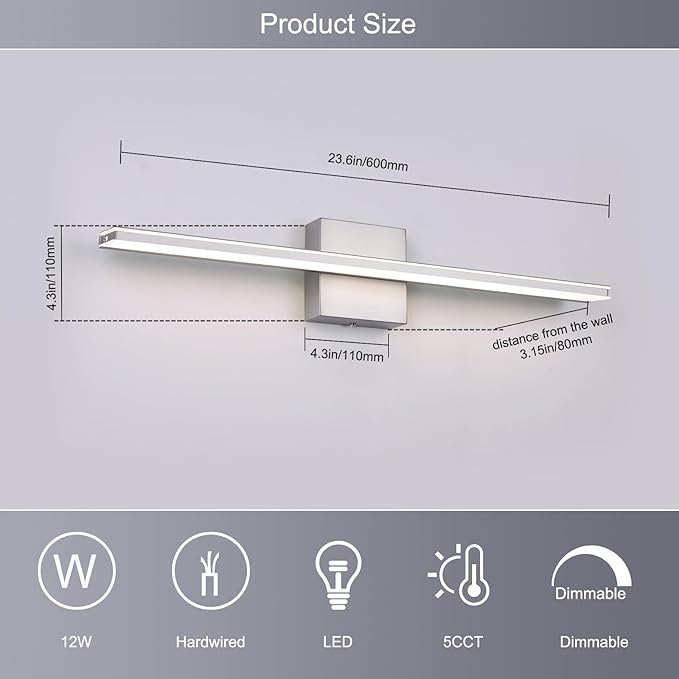 LED Modern Bathroom Light Fixtures 18W Brushed Nickel Vanity Lights Bar 5CCT Dimmable ixture Over Mirror Vanity Light for Bathroom Lighting 23.6 inch