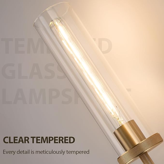 19.5" Knurled Brass Wall Sconces Set of 2, Gold Bathroom Vanity Light Fixtures with Clear Glass Tube, Modern Lamp Lighting for Bedroom, Living Room, Hallway, Staircase, Mirror, Kitchen