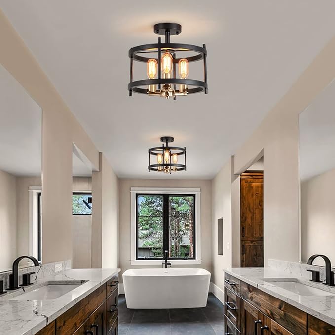 AGV LIGHTING Semi Flush Mount Ceiling Light Fixture, 3-Light Farmhouse Light Fixture Ceiling Mount, Black & Gold Finish