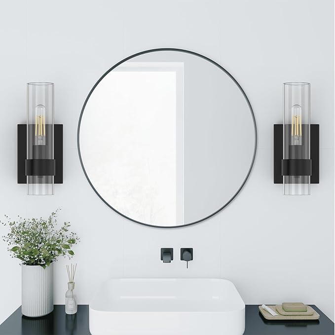 Zevluck 1-Light Wall Sconce, Matte Black Bathroom Vanity Light with Cylinder Clear Glass, Modern Hardwired Vanity Wall Lamps for Bathroom, Bedroom, Living Room, Stairs, Hallway