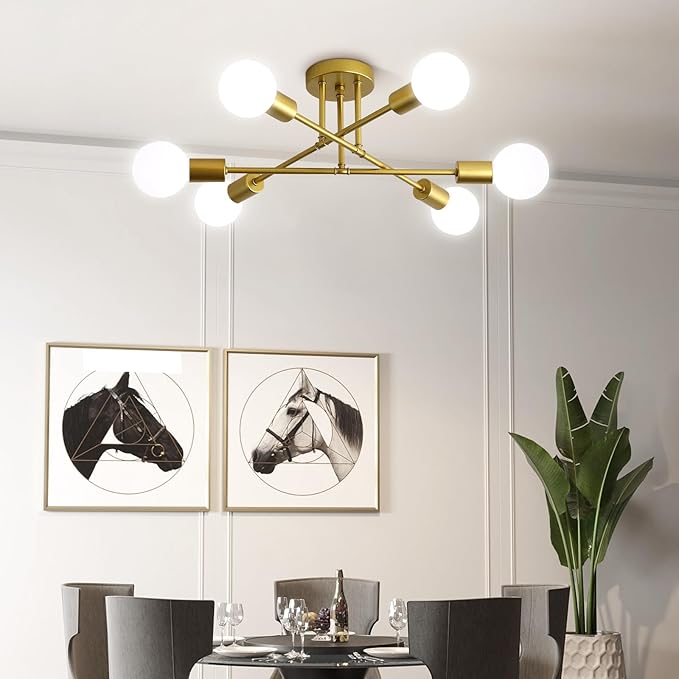 Ceiling Light Fixture, 6-Light Ceiling Light Chandelier, Modern Dinning Room Light Fixture, Sputnik Gold Light Fixtures Ceiling Mount, Semi Flush Mount Ceiling Light Fixtures for Living Room