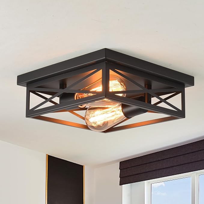 Black Flush Mount Ceiling Light,Hallway Light Ceiling Mount,Industrial Vintage Metal Cage Close to Ceiling Lights for Kitchen,Farmhouse,Bedroom