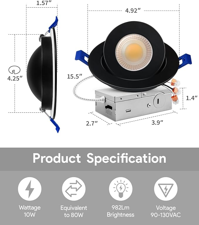 Adetu 4 inch 5CCT Gimbal Black Led Recessed Lights, 360°+90° Adjustable Directional Recessed Lighting, 2700K/3000K/3500K/4000K/5000K Dimmable Retrofit Eyeball Can Lights with Jbox, ETL(Black, 6 Pack)