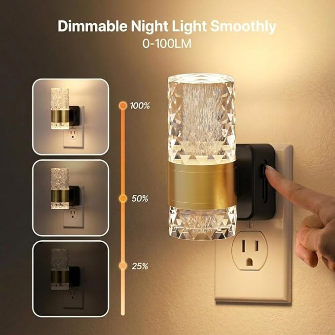 LED Night Lights Plug Into Wall, Dimmable Wall Night Lights 3000K 0-100LM Adjustable Nightlight with Gold Ambiance Lighting for Bathroom, Kitchen, Hallway, Bedroom 2 Pack