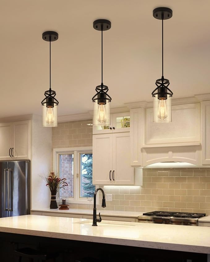 Pendant Kitchen Island Light, Modern Pendant Lighting with Glass Shade, E26 Socket and Adjustable Cable, Suitable for Living Rooms, Bedrooms, Hallways