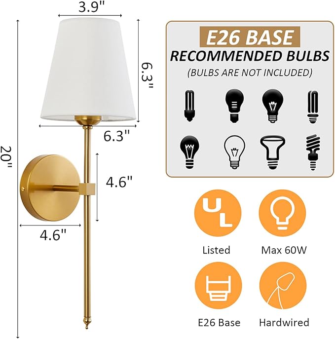 KUAUGST Wall Sconces Sets of 2, Retro Industrial Wall Lamps, Bathroom Vanity Sconces Wall Lighting with White Fabric Shade, Suitable for Bedroom Living Room Corridor Kitchen