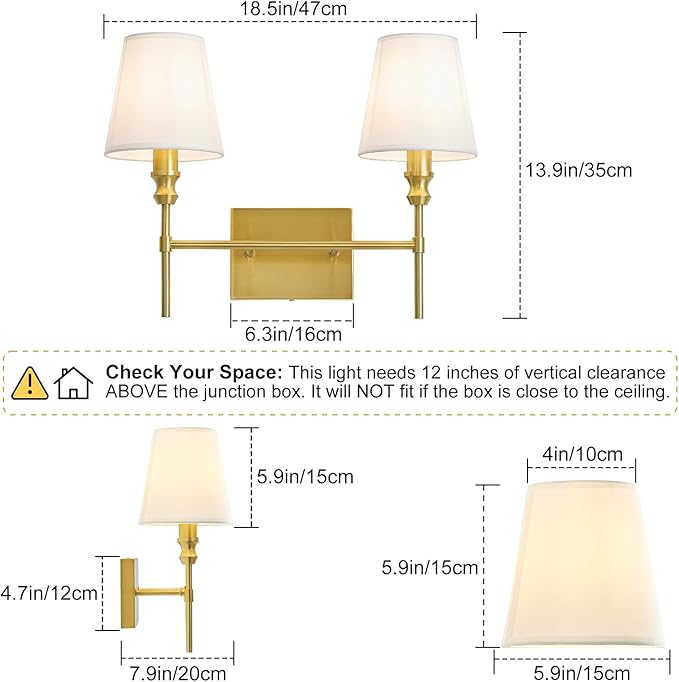 Bathroom Light Fixtures Over Mirror,Brush Brass Vintage Wall Sconces, 2-Light Bathroom Vanity Light With Flared White Fabric Lampshade For Bedroom,Living Room,Hallway,Foyer,Hardwired, E12 Base