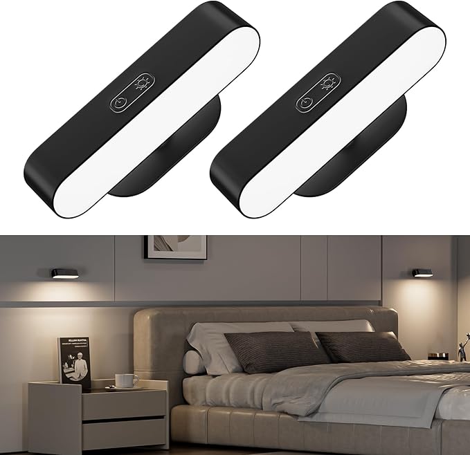 Hensam Wireless Battery Operated Wall Sconces for Bedroom, LED Rechargeable Wall Sconce Set of Two for Living Room, Stick on Wall Mounted Lamp for Reading, 2 Pack