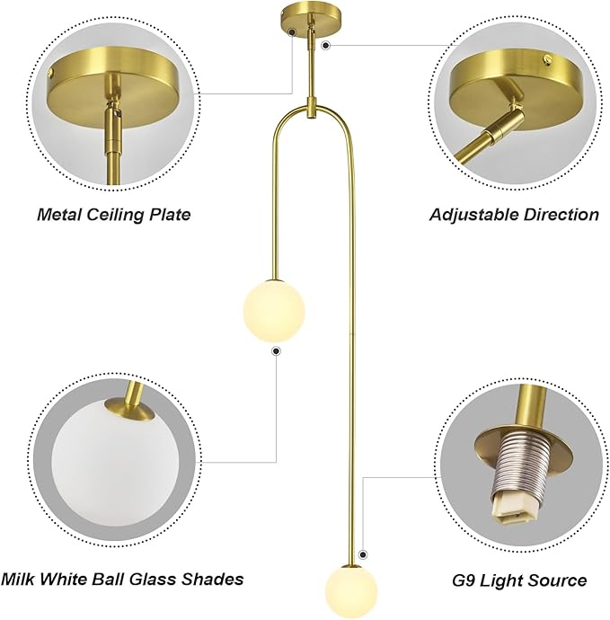 Modern Milk Glass Pendant Light 2 Light Mid Century Chandelier Small Glass Globe Gold Pendant Lights for Kitchen Island Bedroom Dining (Metal Tube Removable, 1 Pack)