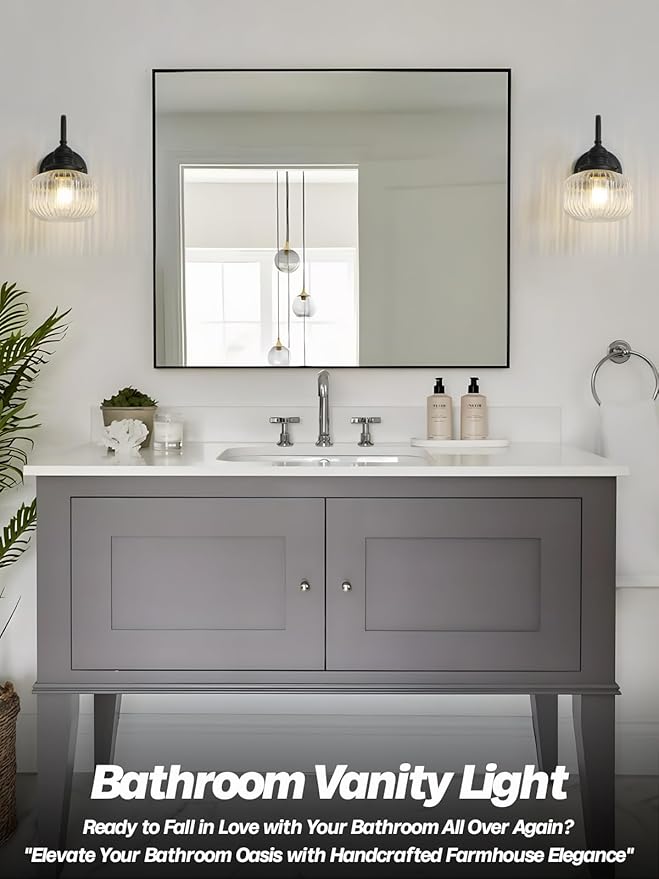 Vintage Wall Sconce Light, Black Bathroom Vanity Light with Hand-Blowing Clear Glass Farmhouse Hardwire Wall Mounted Lamp for Bathroom Mirror Living Room Bedroom Kitchen E26 Indoor