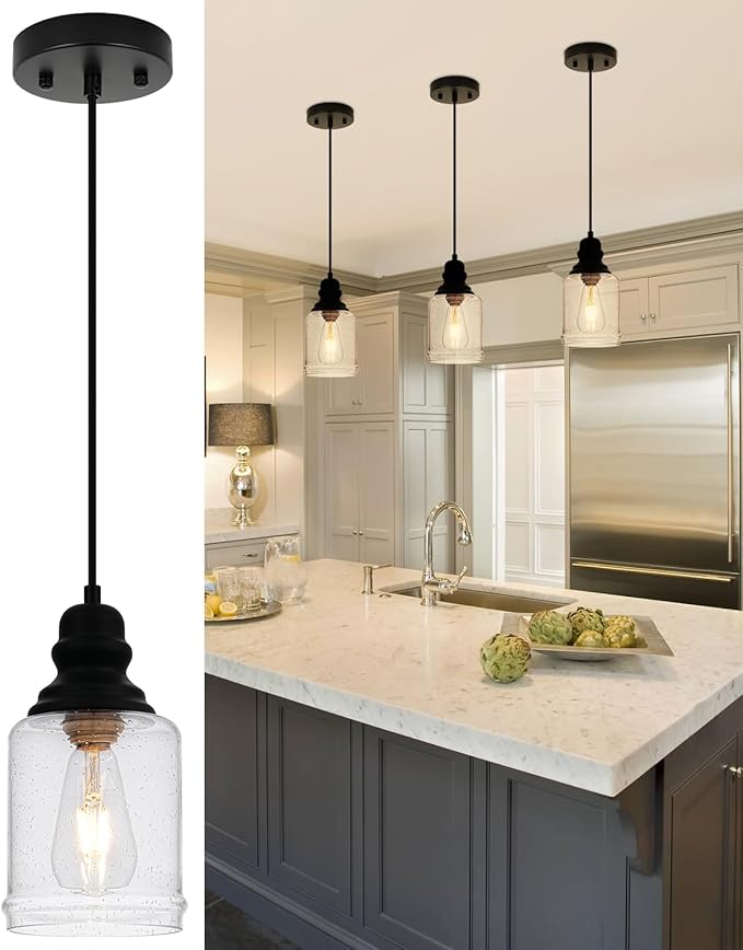 WILON Modern Glass Pendant Lights for Kitchen Island, 6.29" Mini Pandent Light Fixture with Seeded Glass Shade Black Farmhouse Pendant Lights E26 Base Hanging Kitchen Lights for Sink Dinging Room