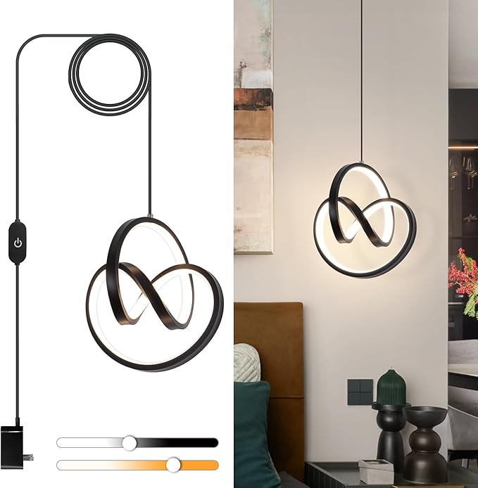 3000~6000K Plug in Pendant Light Fixtures, Touch Switch Hanging Lamp Plug in Modern Pendant Lamp, Black Hanging Light for Kitchen Island, Bedroom, Dining Room, Living Room,1 Pack