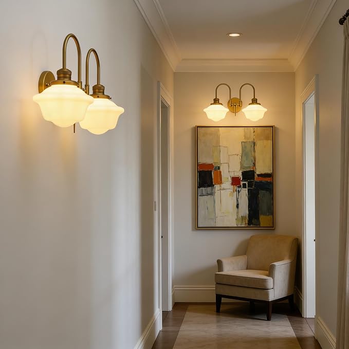 Pathson Vintage Milk White Wall Sconces, 2-Lights Hardwired Glass Bathroom Vanity Light Double Metal Curved Arms, Wall Painting Sconce Lamps Decor for Mirror, Living Room, Loft, Stairwell, Foyer