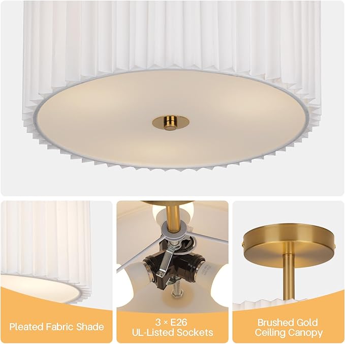 Modern Semi Flush Mount Ceiling Light with Pleated Fabric Shade, 12.5” Drum Gold Light Fixture with Lights, Warm White Linen Lamp for Bedroom, Living Room, Dining Room, Hallway, Kids Room