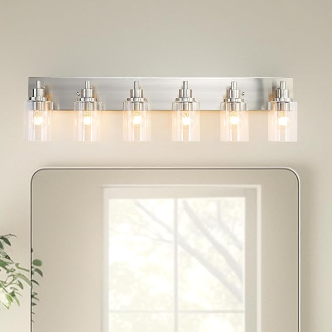 LOUSACE 6 Light Bathroom Vanity Light Brushed Nickel, Bathroom Lighting Fixtures with Clear Glass Shades Over Vanity Mirror, Modern Wall Sconces Fixtures for Bedroom Living Room, E26 Socket
