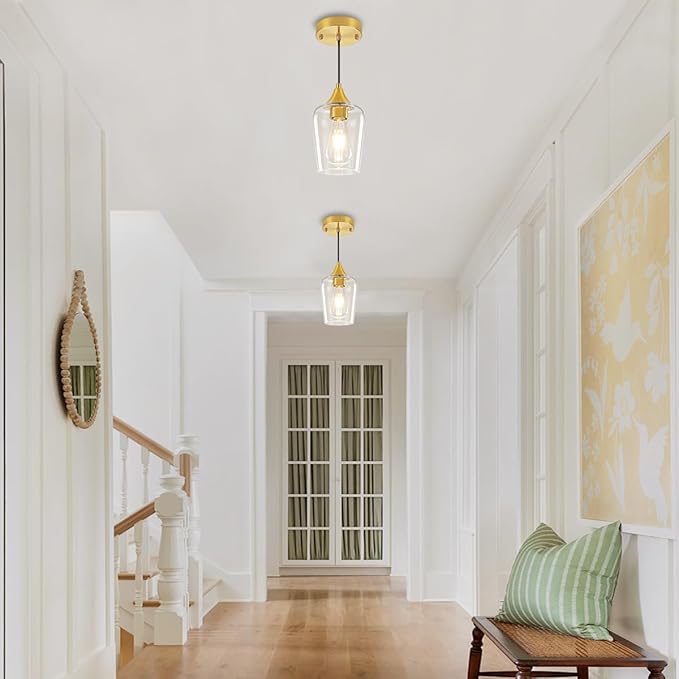 2-Pack Brushed Gold Pendant Lights Kitchen Island, Modern Glass Pendant Lighting Over Island Kitchen Hanging Light Fixtures Hallway Pendant Lights for Bathroom Dining Room Entryway Foyer Bedroom