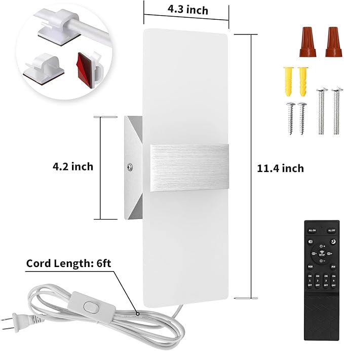 GOODATE 4 Pack Plug in Wall Sconces with Remote Control, Dimmable, Adjustable 3000K-6500K Colors, Silver 12W Acrylic LED Plug in Wall Light, Wall Lamps for Bedroom Living Room Hallway Stair