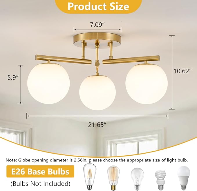 3 Light Brass Sputnik Ceiling Light Fixture, Globe Semi Flush Mount Ceiling Light, Brass Gold 21.65 '' Milky Glass Globe Mid Century Modern Light for Bedroom Hallway Living Room