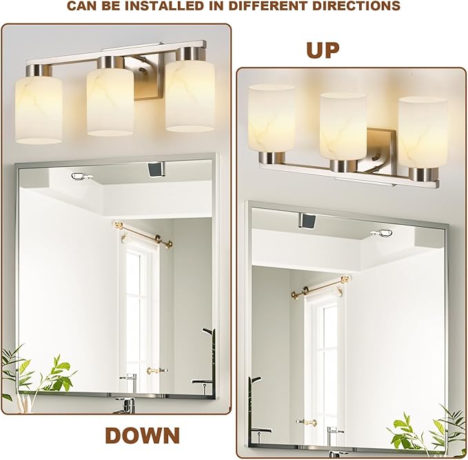 3-Light Bathroom Light Fixtures, Modern Vanity Lights, Brushed Nickel Metal Wall Lamp with White Marble Glass for Bathroom, Mirror, Living Room, Bedroom, Cabinet, Porch, Hallway, E26 Base
