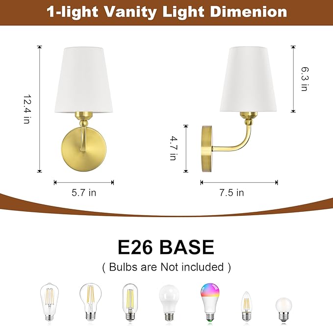 Modern Bathroom Vanity Light, Brushed Gold Bathroom Light Fixtures, Set of 2 Lighting Fixtures Over Mirror, Modern Wall Sconce with Flared White Fabric Shade, E26 Socket(ETL Listed)