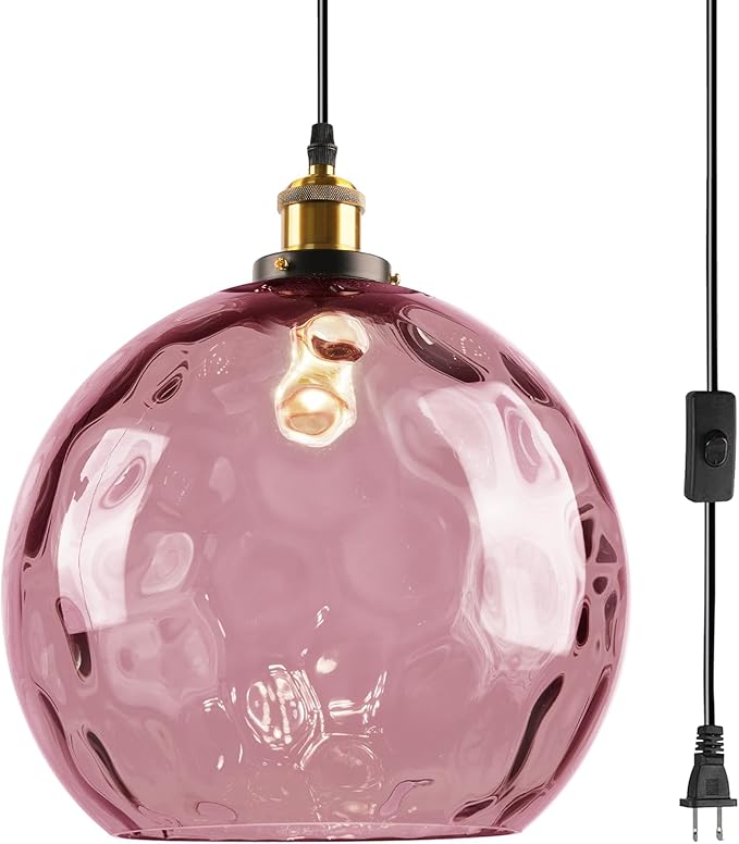 13.8-inch Globe Hanging Lamp with Plug in Cord, Pink Glass Pendant Light Vintage Plug in, Large Hammered Glass Hanging Swag Lamps for Kitchen Dining Room Girls Bedroom Living Room
