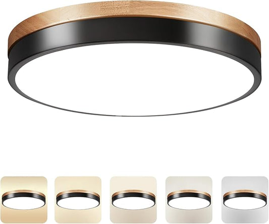 11.8 inch Wood Led Flush Mount Ceiling Light, Dimmable, 5CCT 3000K-6000K Selectable, 36W, 3600LM, Round Modern White Light Fixture Ceiling Mount for Bedroom, Laundry Room,Kitchen, Hallway, Black