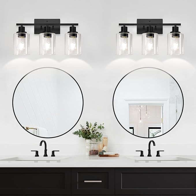 MOKATNG 3-Light Bathroom Light Fixtures, Vanity Light with Clear Glass Shades, Matte Black Bathroom Light Fixtures Over Mirror, Modern Bathroom Wall Lamp for Mirror Living Room Cabinet Bedroom