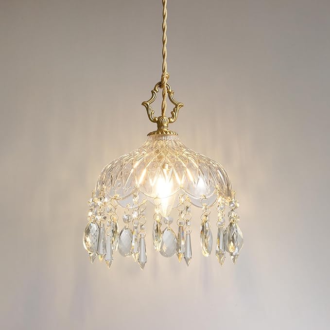 Vintage Small Crystal Pendant Light - Brass Gold Clear Glass Mini Adjustable Hanging Kitchen Island Chandelier - Unique Flower Art Deco for Bathroom Bar Bedroom Dining Room Hallway Closet Sink Over
