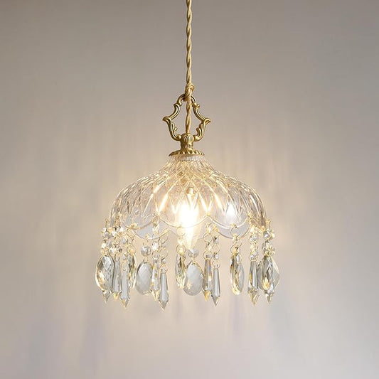 Vintage Small Crystal Pendant Light - Brass Gold Clear Glass Mini Adjustable Hanging Kitchen Island Chandelier - Unique Flower Art Deco for Bathroom Bar Bedroom Dining Room Hallway Closet Sink Over