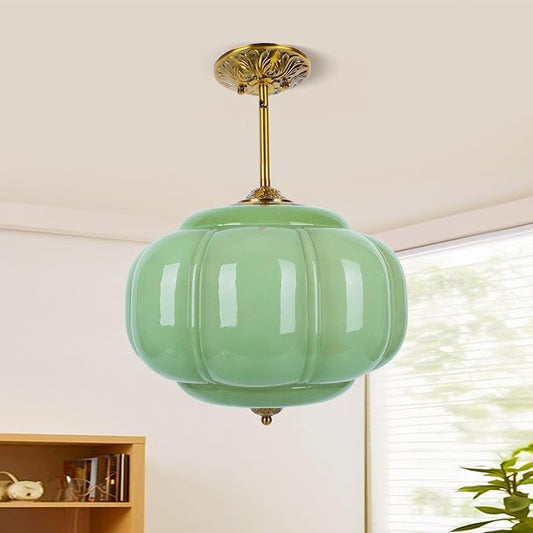 15in Green Milk Glass Ceiling Light, LED Bulb Included, Vintage Schoolhouse Semi Flush Mount Pendant Light Art Deco Chandelier for Kitchen Dining Room Hallway Bedroom, Antique Gold & Green
