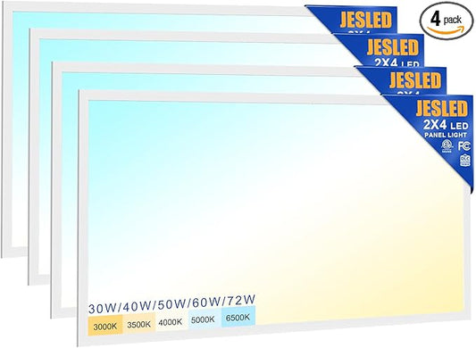 JESLED 4Pack 2x4 led Flat Panel Light, 10800LM, Drop Ceiling Lights Fixture for Office Shop Garage Basement Laundry, 30W/40W/50W/60W/72W Selectable, 5CCT Switchable, 0-10V Dimmable, DLC ETL Listed