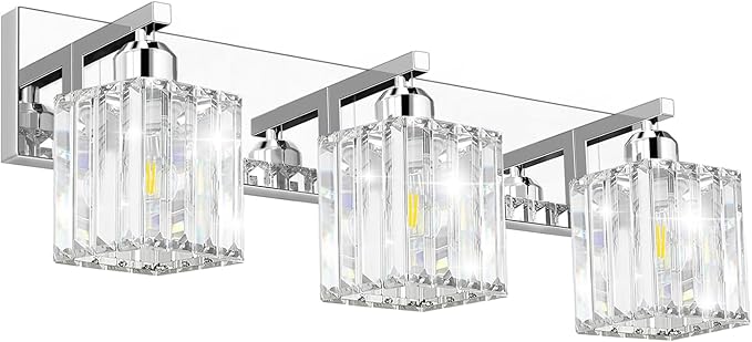 Brushed Chrome Crystal Bathroom Vanity Light, 3-Light Modern Bathroom Lighting Fixtures Over Mirror,Chrome Wall Sconce Light Fixtures with Square Shade