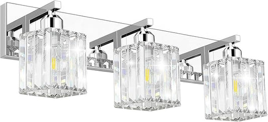 Brushed Chrome Crystal Bathroom Vanity Light, 3-Light Modern Bathroom Lighting Fixtures Over Mirror,Chrome Wall Sconce Light Fixtures with Square Shade