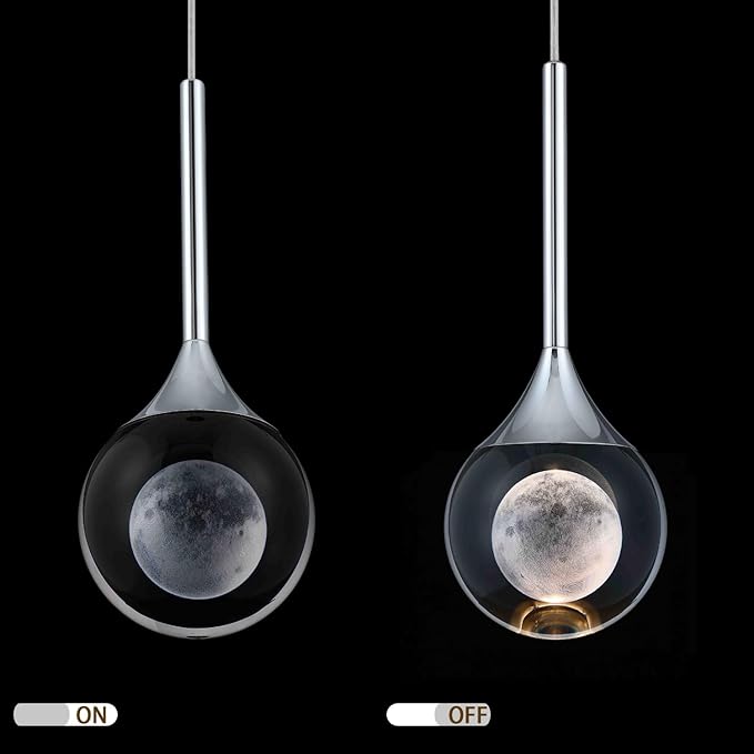 2 Packs Modern Crystal Pendant Light Chrome Globe Ceiling Hanging Light Fixture Moon Teardrop Kitchen Island Light Dimmable LED Mini Chandelier for Dining Room Bedroom Living Room, 3000K