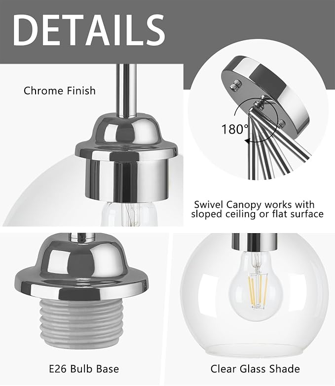 Modern Pendant Light Fixtures 2 Pack, Chrome Globe Pendant Lights with Clear Glass Shade, Pendant Lights for Kitchen Island, Hanging Lights Over Island