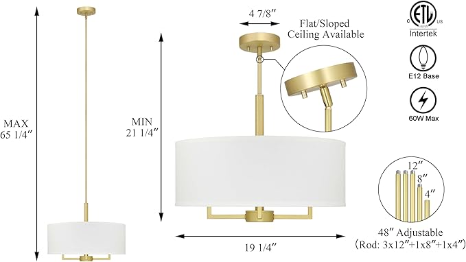 XiNBEi Lighting Pendant Light, Modern 4 Light Drum Pendant Lighting Adjustable Hanging Chandelier Ceiling Light for Living & Dining Room Satin Brass Finish XB-P1296-SB