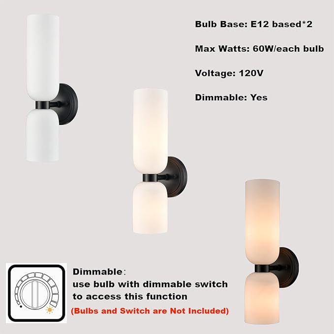 DEYNITE Black Wall Sconces Set of 2 Modern Farmhouse 2-Light Wall Light Bathroom Vanity Light,Milky White Glass Light for Bedroom, Living Room, Kitchen