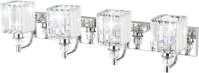 Ralbay Modern Crystal Vanity Light for Bathroom 4 Light 31.5''Chrome Bathroom Wall Lighting Fixtures Over Mirror