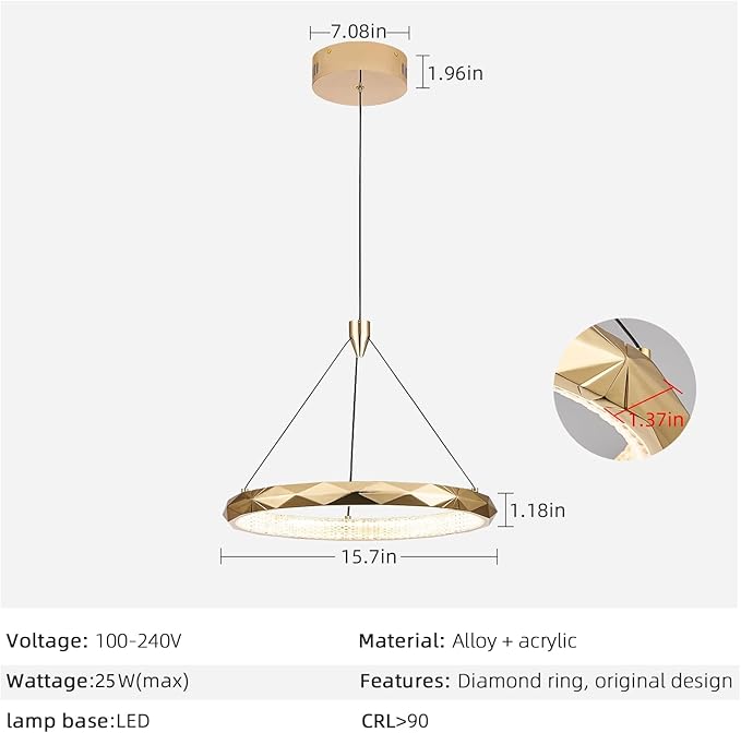 HEYAN Modern Gold Ring Chandelier, 16-Inch Faceted Geometric LED Pendant Light, Dimmable 3-Color Changeable Island Lighting, 25W Luxury Acrylic Crystal-Effect Ceiling Fixture for Dining Room & Kitchen
