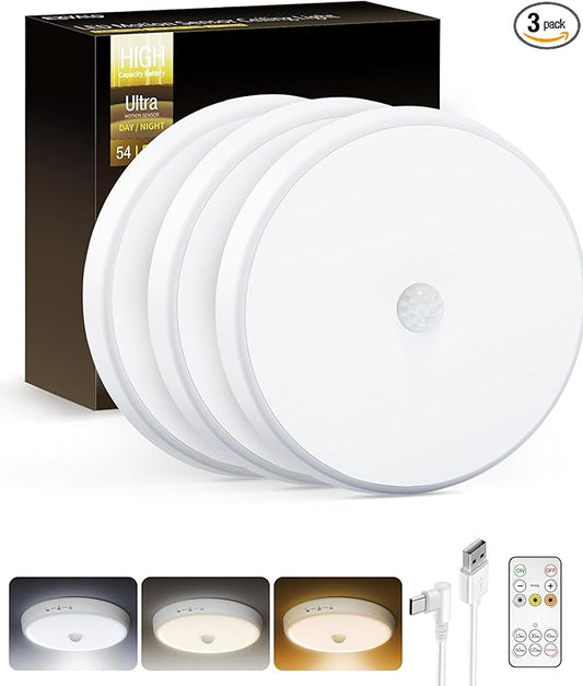 Motion Sensor Light Indoor, 3-Pack, 10000mAh, 7.1inch, 400LM, Remote Control, Dimmable, LED, Flush Mount, Wireless, Rechargeable, Battery Operated, Cordless, Ceiling Light, Closet Light, No Wiring