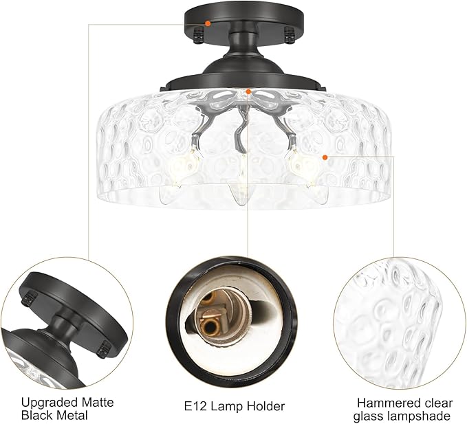 Black Semi Flush Mount Ceiling Light, 3-Light Ceiling Light with Hammered Glass, Vintage Hallway Lights, Closet Light Fixture, Kitchen Flush Ceiling Mount for Entryway Bedroom Bathroom,E12