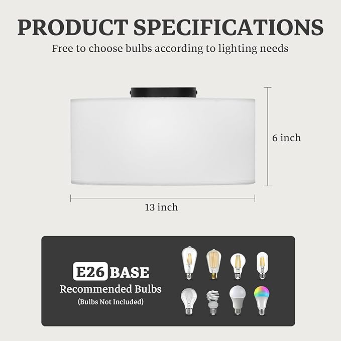 Semi Flush Mount Ceiling Light Fixture,13inch Light Fixtures Ceiling Mount,3-Light Drum Light Fixture with White Shade,Modern Close to Ceiling Lamps for Living Room, Bedroom, Dining Room,Entryway