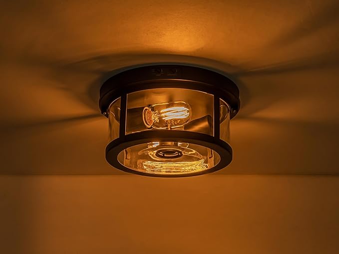 Flush Mount Outdoor Ceiling Light with Motion Sensor, Front Porch Light Ceiling Mount, Adjustable Sensor 2-Light Black Ceiling Light Fixture with Clear Glass, for Patio, House