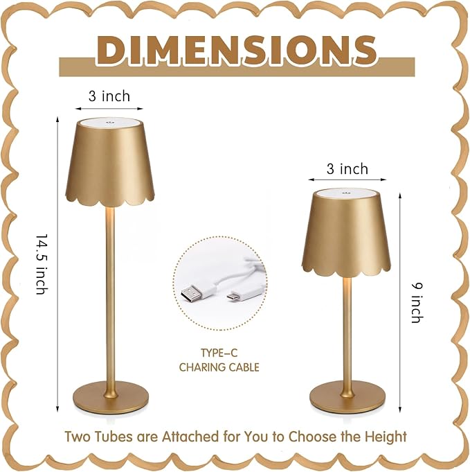 Pickmesh 1 Pack Scalloped Edge Shade LED Cordless Table Lamp 3 Color Dimmable Rechargeable Modern Lamps for Living Room Dining Bedside Desk, 4000mAh Battery Operated(Glod)