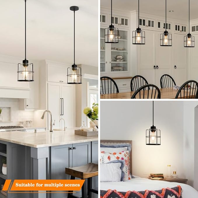 Farmhouse Pendant Lights Kitchen Island Set Of 2, Black Kitchen Island Lighting With Adjustable Rods, Industrial Cage Bathroom Pendant Lights With Clear Glass For Dining Room Hallway Sink