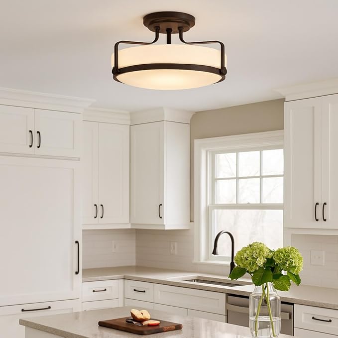 Hinkley Harper 3643OZ Large Semi-Flush Ceiling Light, Sleek, Retro Style, Oil Rubbed Bronze and Etched Opal Glass
