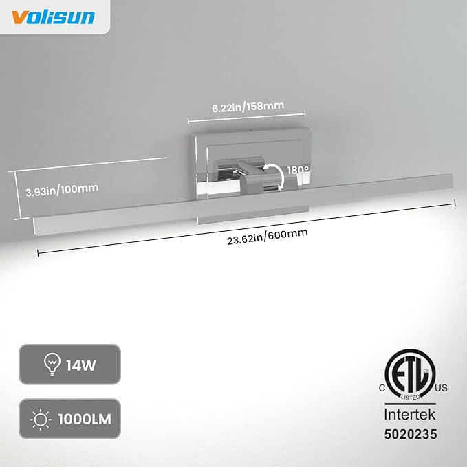 VOLISUN Modern Bathroom Vanity Light 24 inch, Rotatable, 14W Dimmable 5CCT Led Bathroom Light Fixture Over Mirror, Chrome Vanity Light for Bathroom Mirror Cabinets-ETL Certificated