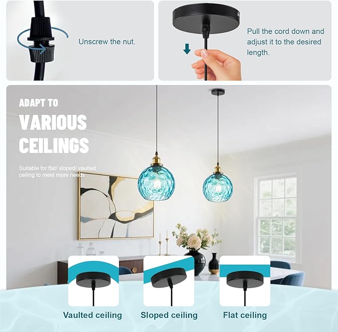 Blue Pendant Light Coastal Pendant Lighting Nautical Pendant Light with 7.8" Hammered Glass Globe 1-Light Chandelier Hanging Light Fixtures Ceiling Mount for Kitchen Island Bedroom Dining Room