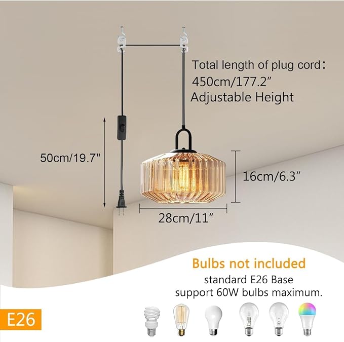Plug in Pendant Lights Amber Glass Lampshade Large Globe Hanging Lamp Kitchen Island Mid Century Hanging Lamp with 14.7 ft Plug in Cord Swag Style Plug in Light Fixture for Living Room